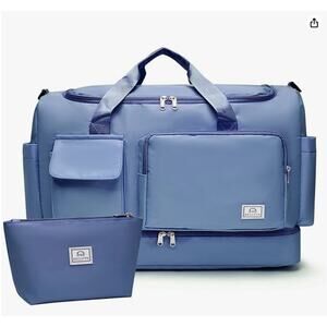 Travel Duffle Bag, Small Weekender, Gym Bag fwith Shoe Compartment or Women-Blue